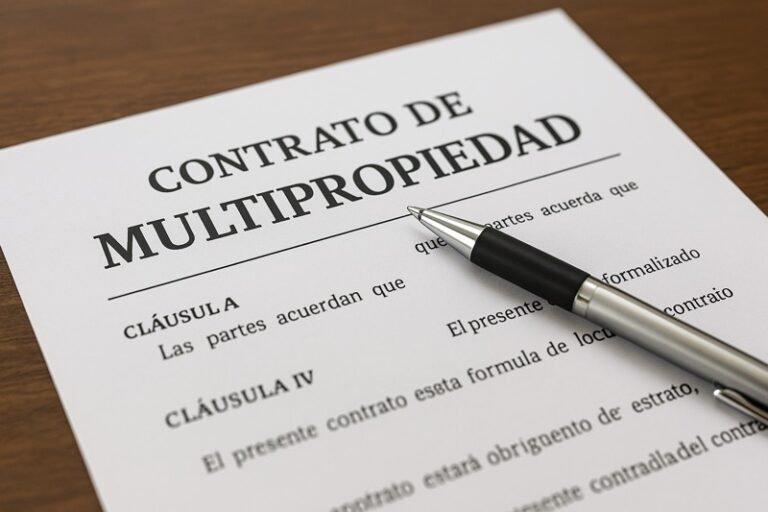 Contrato de multipropiedad en español con cláusulas destacadas y bolígrafo plateado sobre fondo de madera.