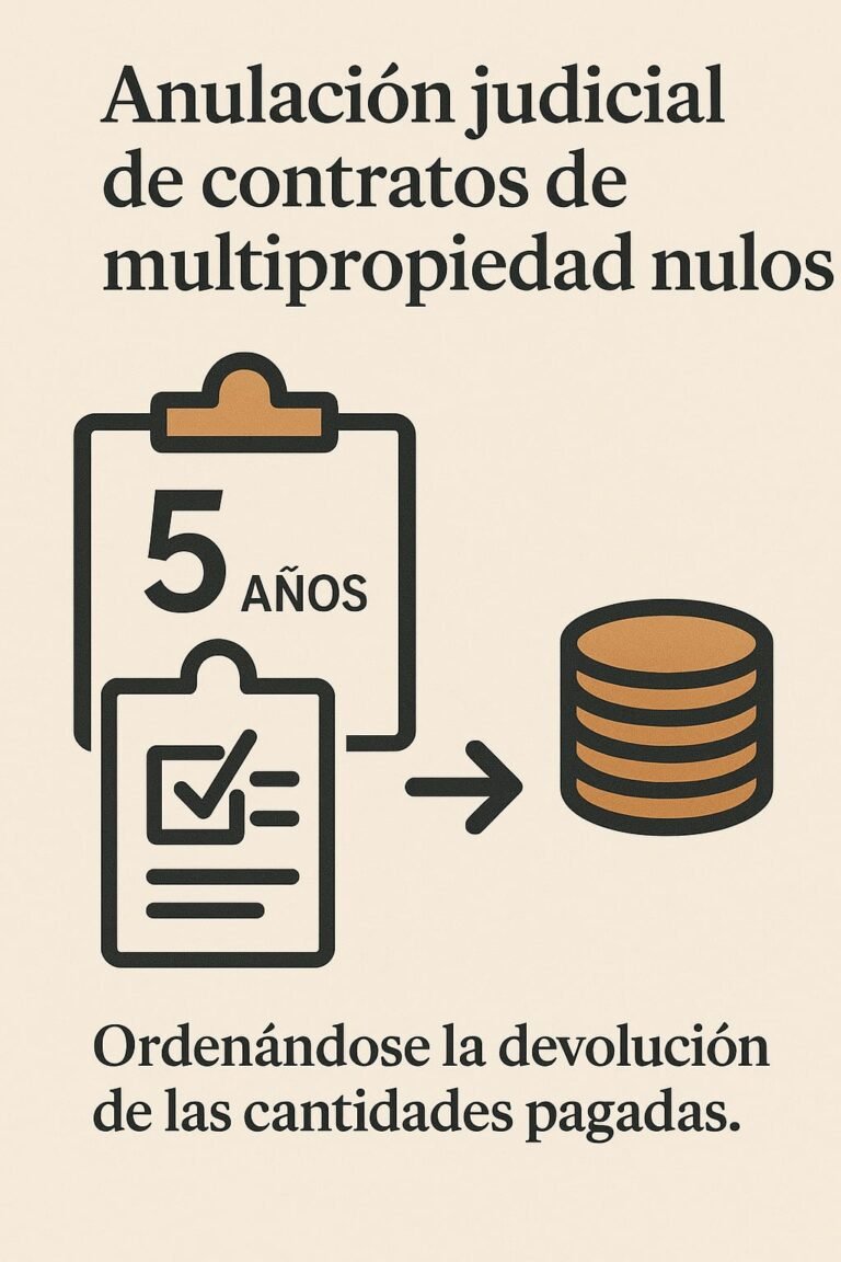 Infografía en español con iconos de calendario, contrato y monedas, destacando la anulación judicial de contratos de multipropiedad firmados después de 1999 y el plazo límite de 5 años para reclamar.